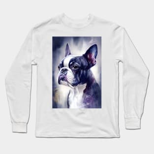 Adorable Boston Terrier Dog  Watercolor with Purple Ink Accents Long Sleeve T-Shirt